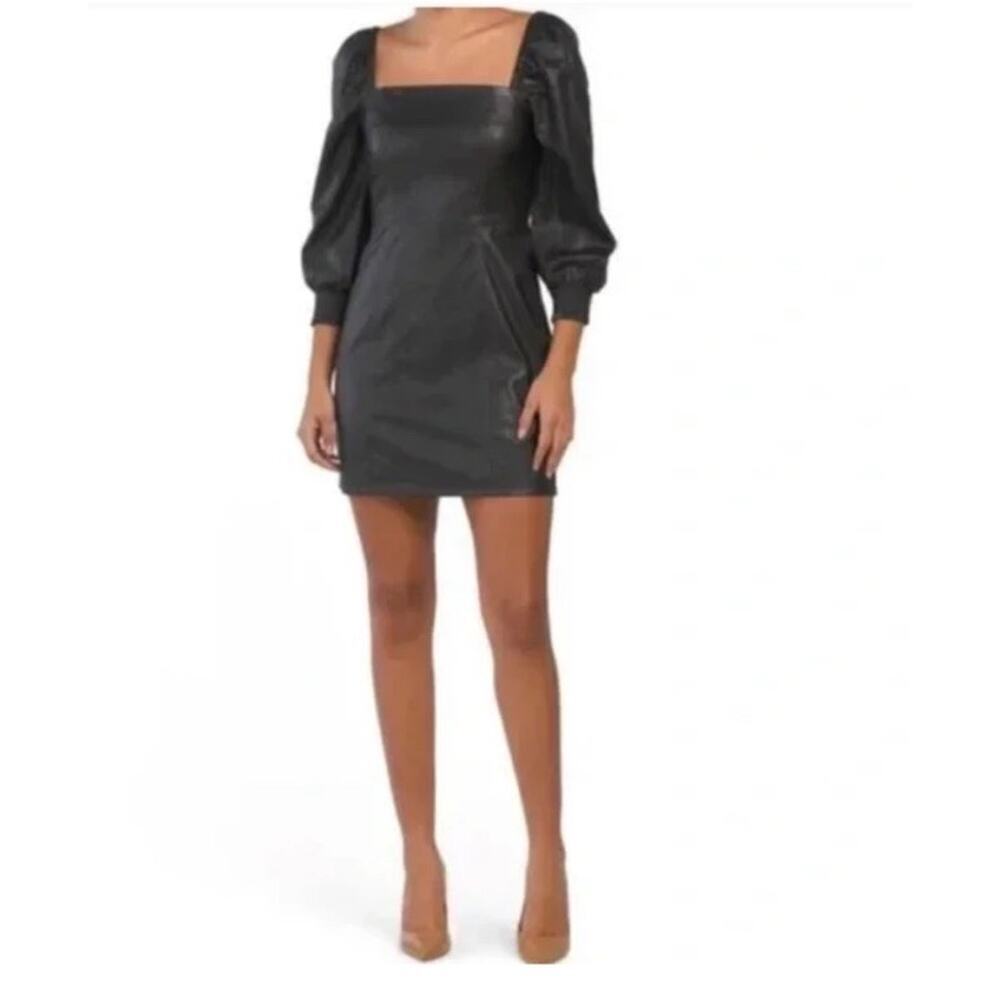 7 For All Mankind Black Faux Leather Puff Sleeve Smocked Mini Dress Sz M NWT